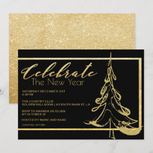 Trendy Gold Glitter Christmas Tree New Year Party Invitation