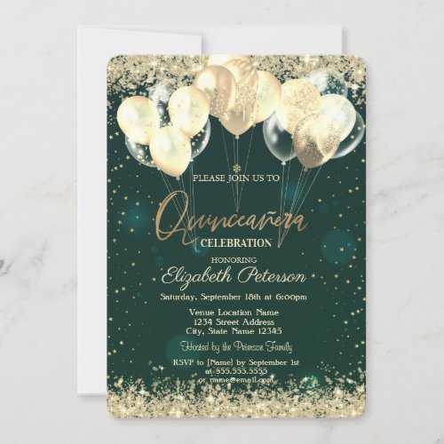 Trendy Gold Glitter Diamonds Balloons Green Invitation