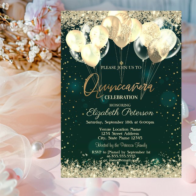 Trendy Gold Glitter Diamonds Balloons Green Invitation (Creator Uploaded)