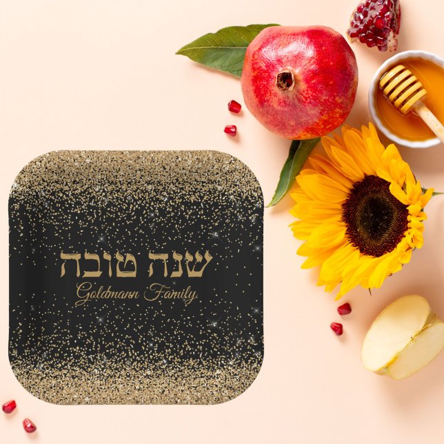 Trendy Gold Glitter Drops Jewish Rosh Hashanah  Paper Plates (Creator Uploaded)