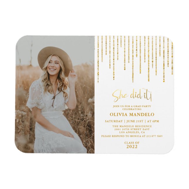 Trendy Gold Glitter Grad Party Photo Invitation Magnet (Horizontal)
