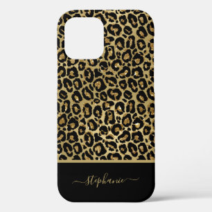 Trendy Gold Glitter Leopard Animal Print Monogram iPhone 12 Case