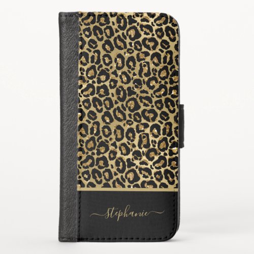 Trendy Gold Glitter Leopard Animal Print Monogram iPhone X Wallet Case