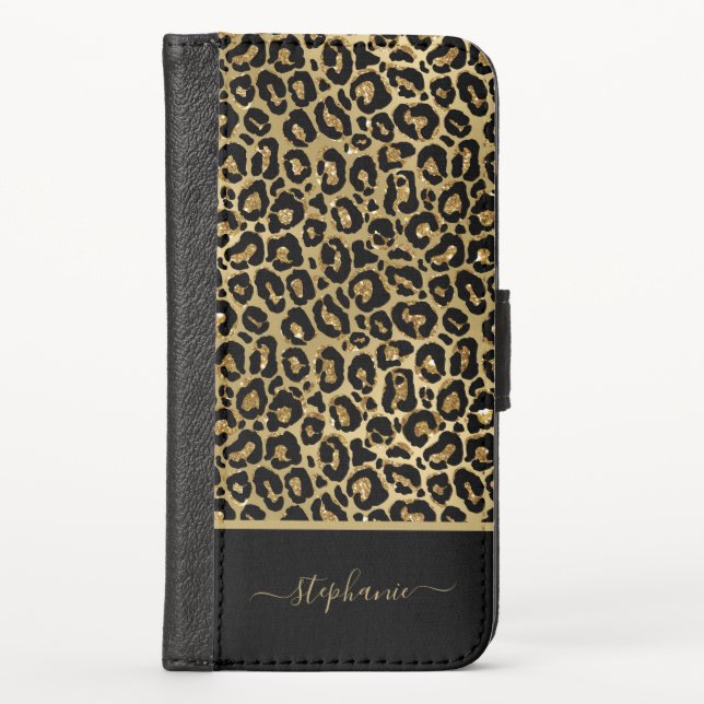Trendy Gold Glitter Leopard Animal Print Monogram iPhone Wallet Case (Front)