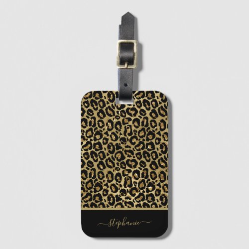 Trendy Gold Glitter Leopard Animal Print Monogram Luggage Tag