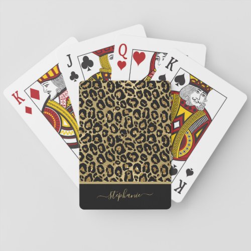 Trendy Gold Glitter Leopard Animal Print Monogram Poker Cards