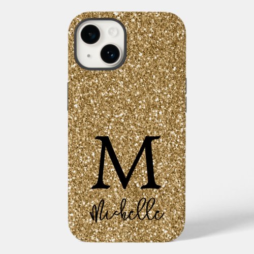Trendy Gold Glitter Monogram Initial Name Case_Mate iPhone 14 Case