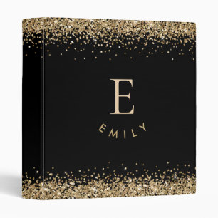 Trendy Gold Glitter Monogram Name Initial Black 3 Ring Binder