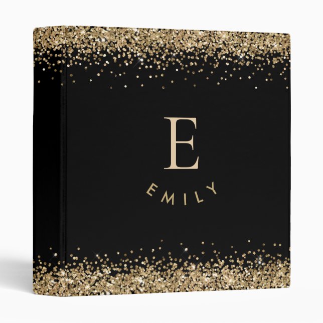 Trendy Gold Glitter Monogram Name Initial Black 3 Ring Binder (Front/Spine)