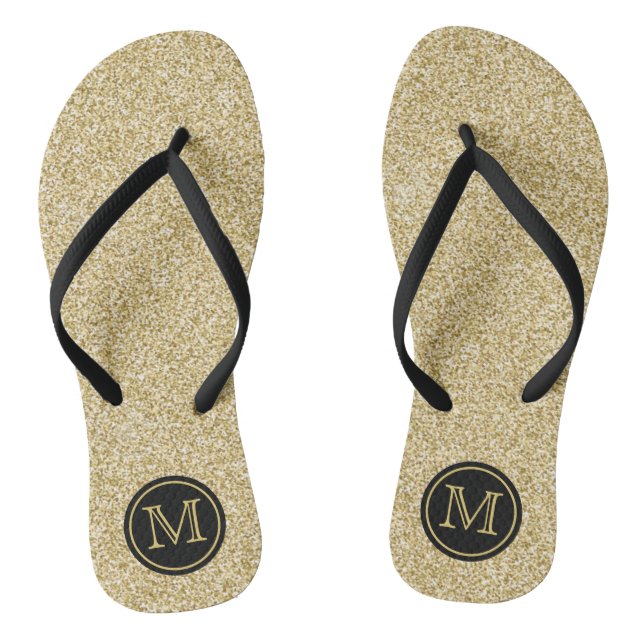 Trendy Gold Glitter Monogram Wedding Favor Flip Flops (Footbed)