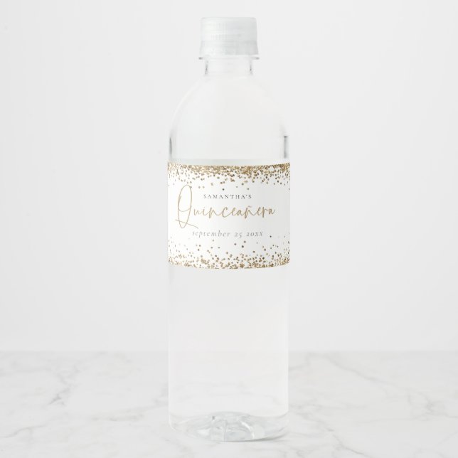 Trendy Gold Glitter Name Date Quinceañera Party  Water Bottle Label (Front)