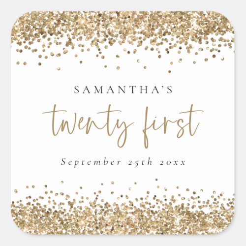 Trendy Gold Glitter Name Date Twenty First Party Square Sticker
