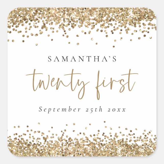 Trendy Gold Glitter Name Date Twenty First Party Square Sticker (Front)
