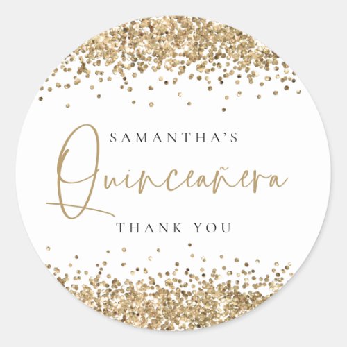 Trendy Gold Glitter Name Quinceaera Thank You  Classic Round Sticker