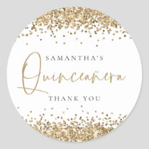 Trendy Gold Glitter Name Quinceañera Thank You  Classic Round Sticker