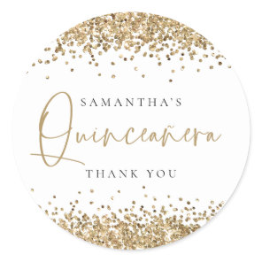 Trendy Gold Glitter Name Quinceañera Thank You  Classic Round Sticker