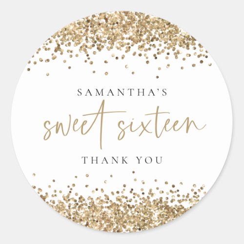 Trendy Gold Glitter Name Sweet Sixteen Thank You  Classic Round Sticker
