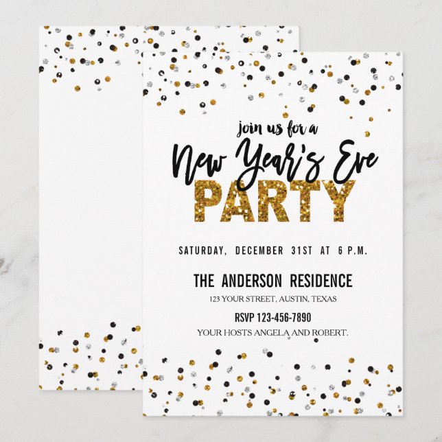 Trendy Gold Glitter New Year's Eve Party Invite (Front/Back)