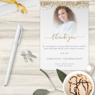 Trendy Gold Glitter Photo Graduation Thank You Card