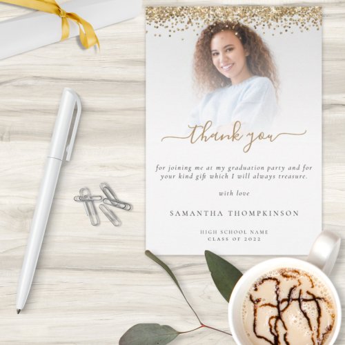 Trendy Gold Glitter Photo Graduation Thank You Card