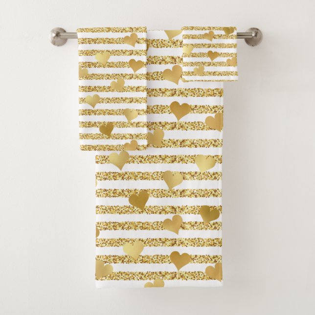 Trendy Gold Glitter Romantic Hearts Girly Pattern Bath Towel Set (Insitu)