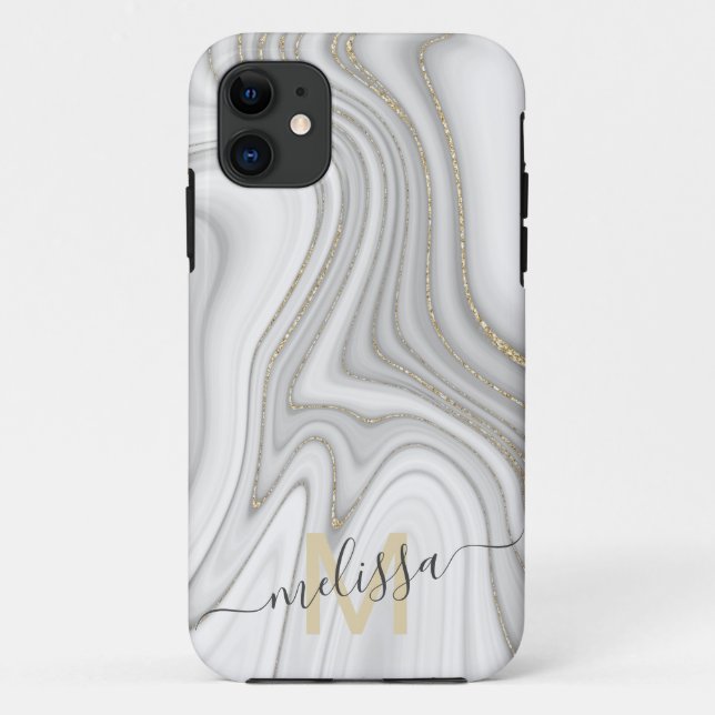 Trendy gold glitter sparkle marble name monogram Case-Mate iPhone case (Back)
