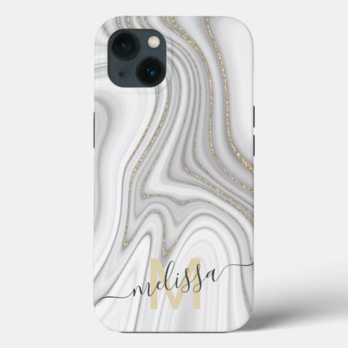 Trendy gold glitter sparkle marble name monogram iPhone 13 case