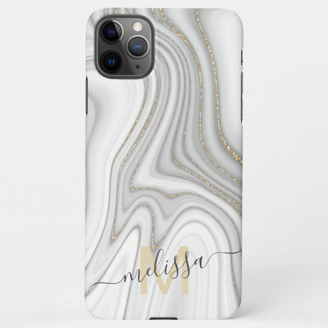 Trendy gold glitter sparkle marble name monogram iPhone case (Back)