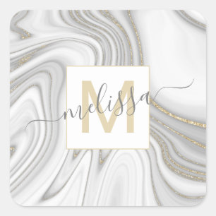 Trendy gold glitter sparkle marble name monogram square sticker