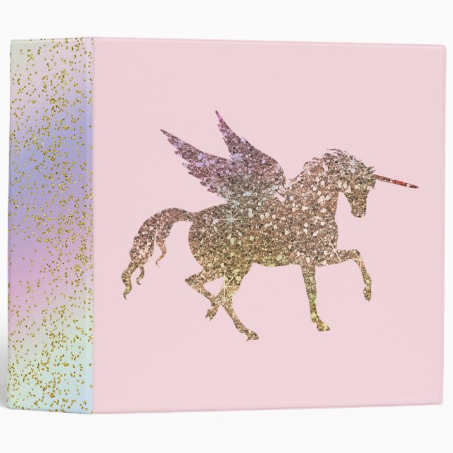 Trendy Gold Glitter Sparkle Unicorn Pegasus Horse Binder (Front/Spine)
