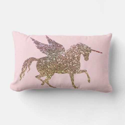 Trendy Gold Glitter Sparkle Unicorn Pegasus Horse Lumbar Pillow