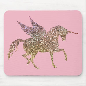 Trendy Gold Glitter Sparkle Unicorn Pegasus Horse Mouse Pad