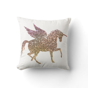 Trendy Gold Glitter Sparkle Unicorn Pegasus Horse Throw Pillow