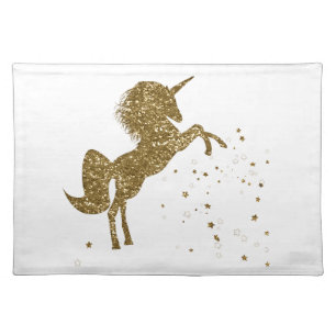 Trendy Gold Glitter Sparkle Unicorn & Stars Cloth Placemat