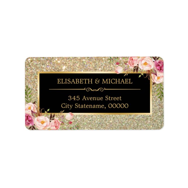 Trendy Gold Glitter Sparkles Girly Floral Label (Front)