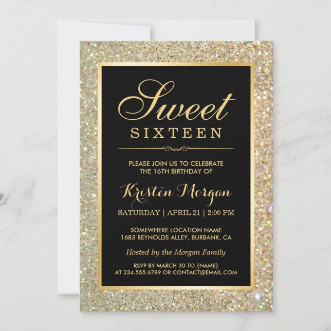 Trendy Gold Glitter Sparkles Sweet Sixteen Party Invitation (Front)