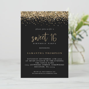 Trendy Gold Glitter Sweet 16 Birthday Party Black Invitation