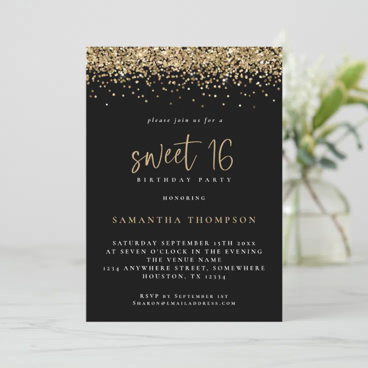 Trendy Gold Glitter Sweet 16 Birthday Party Black Invitation | Zazzle