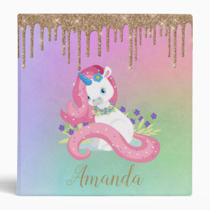 Trendy Gold Glitter Unicorn Child Personalized 3 Ring Binder