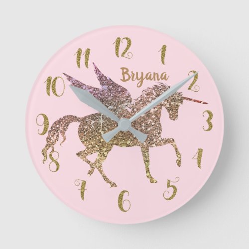 Trendy Gold Glitter Unicorn Pegasus ANY COLOR Round Clock