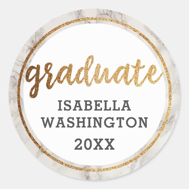 Trendy Gold Glitter & White Marble Graduate Classic Round Sticker
