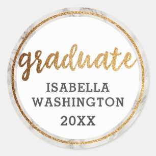 Trendy Gold Glitter & White Marble Graduate Classic Round Sticker