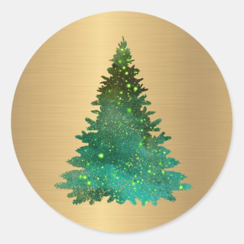 Trendy Gold Green Glitter Tree Christmas Classic Round Sticker