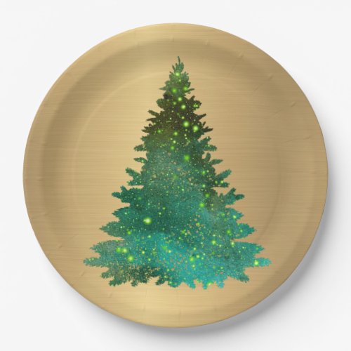 Trendy Gold Green Glitter Tree Christmas Paper Plates