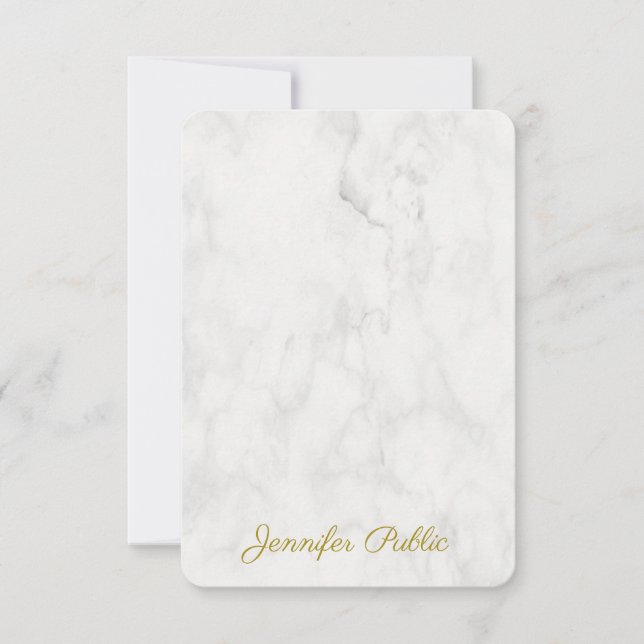 Trendy Gold Handwritten Name Elegant Marble Note Card (Front)