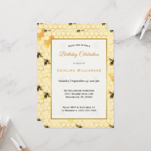 Trendy Gold Honeycomb Bee Birthday Invitation