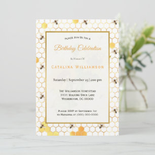 Trendy Gold Honeycomb Bees Sunflowers Birthday Invitation