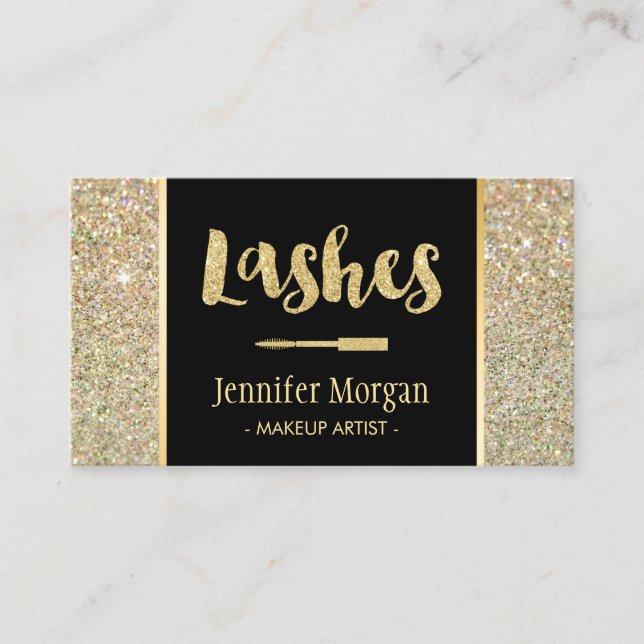 Trendy Gold Lashes Glitter Sparkles Makeup Artist Business Card (Front)