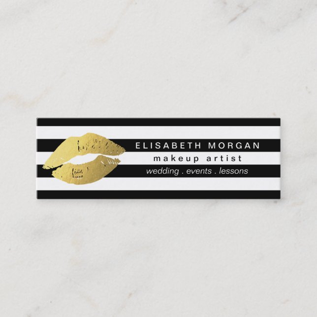 Trendy Gold Lips Black White Stripes Makeup Artist Mini Business Card (Front)