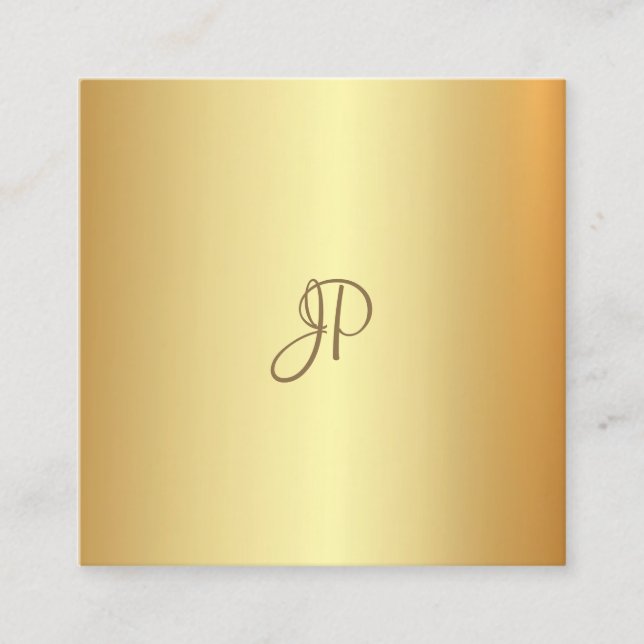 Trendy Gold Look Elegant Handwritten Monogram Square Business Card (Front)